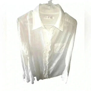Caily22 size large white 100 % cotton ruffle front long sleeve button down.